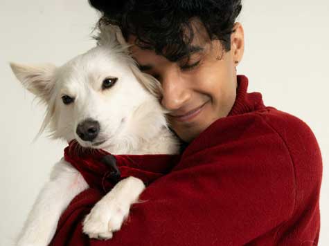 A White dog gets a hug by its owner