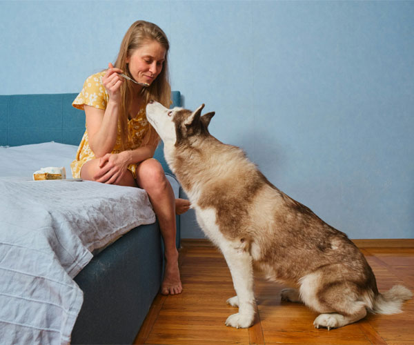 A girl feeding food to her dog while sitting on a bed